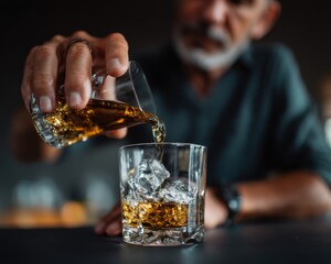Pouring a glass of whiskey cozy bar setting beverage photography warm atmosphere close-up perspective enjoying relaxation