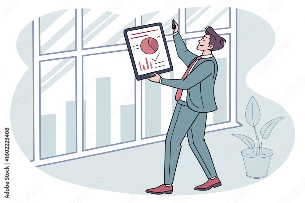 Poster business professional presenting data insights with a tablet in a modern office setting during dayli