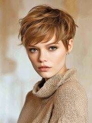 Fashion Model with Short Pixie Cut in Trendy Style Indoor Setting