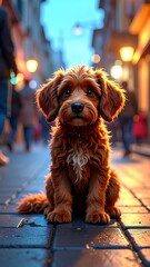 A close-up, low-angle shot of a small, fluffy dog with a pensive expression, sitting alone on a cobblestone street with blurred city life in the background.