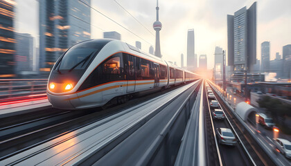 Train moving on city railway tracks surrounded by buildings and infrastructure under daylight