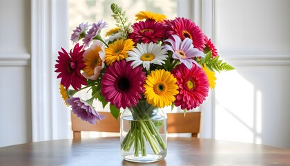 Colorful flower bouquet arranged in a glass vase placed on a wooden table in natural indoor light