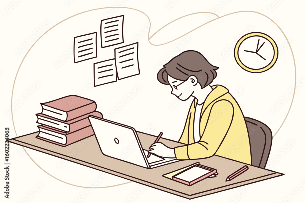 Poster student studying diligently at a desk surrounded by books and notes with a clock indicating early af