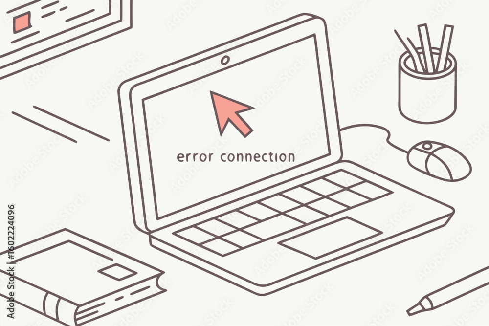 Poster laptop displaying error connection message while surrounded by stationery, books, and a mouse in a m