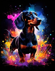 A dynamic and colorful watercolor illustration of a black and tan dachshund surrounded by an explosive burst of neon paint splatters against a solid black background.