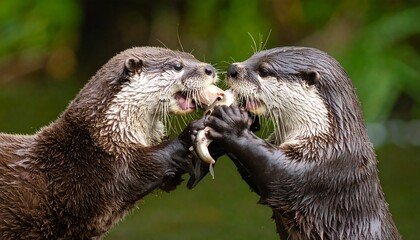 Obraz premium Two otters sharing a fish