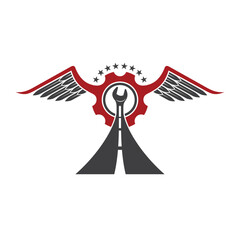 illustration of wings, road, gear and wrench, icon for automotive and truck auto service.