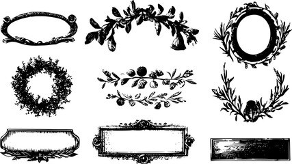 Hand drawn ink vintage frames. Stamp or letter mark frames for greeting cards, wedding, birthday party, invitations in italian or greek marine sea coastal style. Minimalist coquette vector borders