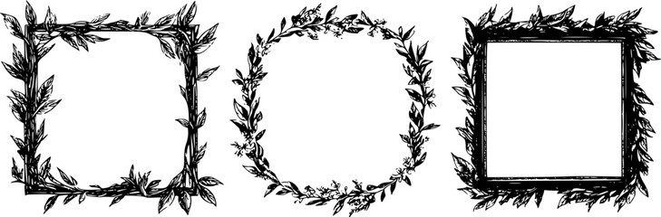 Hand drawn ink vintage frames. Stamp or letter mark frames for greeting cards, wedding, birthday party, invitations in italian or greek marine sea coastal style. Minimalist coquette vector borders