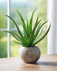 Bright Aloe Vera Plant in Ceramic Pot with Natural Background Light