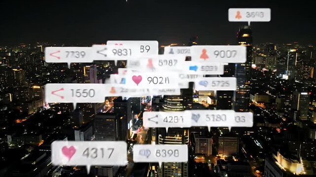 Aerial View of a Glowing Cityscape at Night with Overlaid Social Media Notifications and Blurred Background Offering a Modern Urban Nightlife Scene