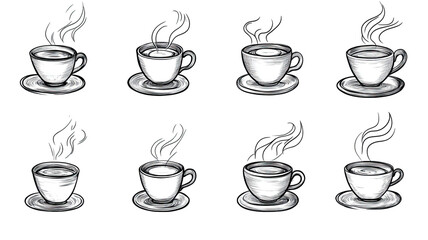 Title: Minimalist Black and White Illustration of Steaming Hot Coffee Cup Isolated on White Background