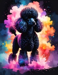 A vibrant and expressive watercolor illustration of a black poodle dog sitting gracefully amidst a field of colorful wildflowers with a lively, abstract background.