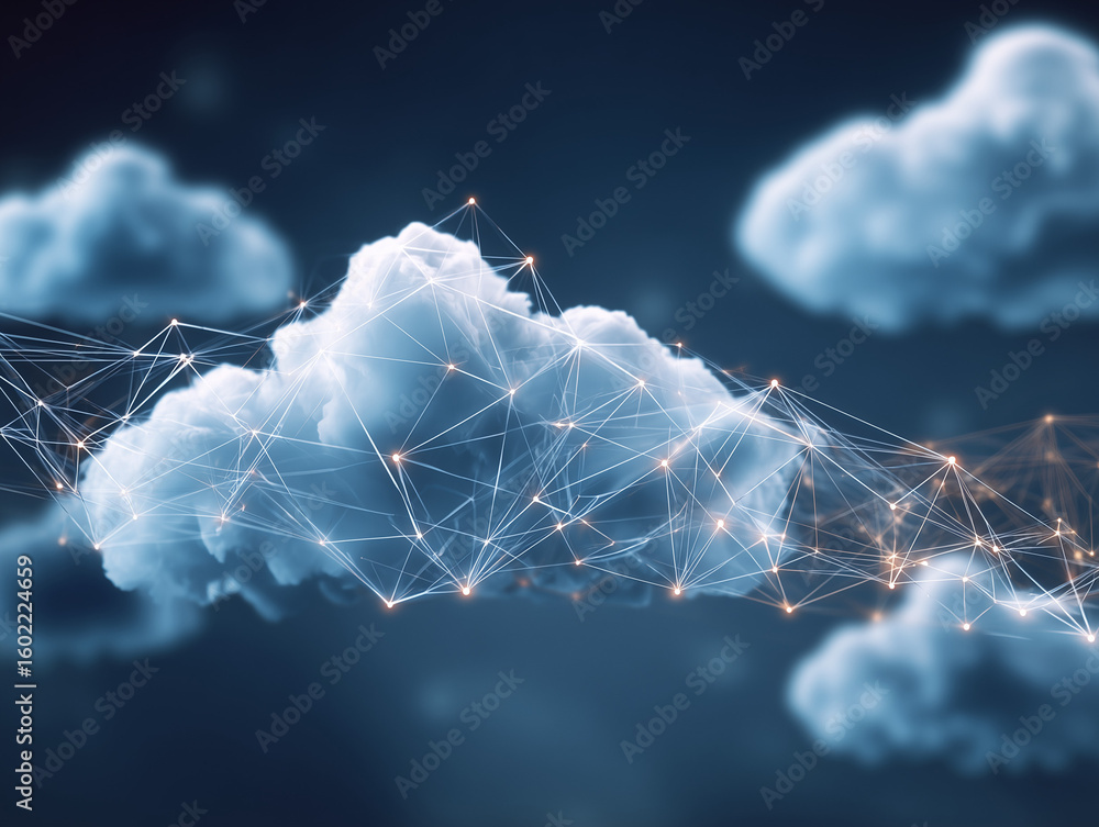 Fototapete digital cloud computing concept with interconnected nodes and glowing data visualization.