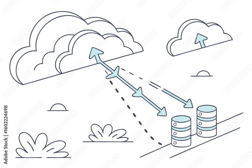 Poster cloud data transfer illustration showing arrows from clouds to database systems with graphical eleme