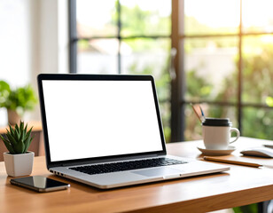 Laptop on wooden table