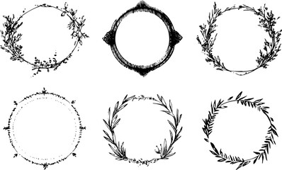 Hand drawn ink vintage frames. Stamp or letter mark frames for greeting cards, wedding, birthday party, invitations in italian or greek marine sea coastal style. Minimalist coquette vector borders
