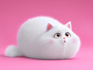 Adorable White Cat with Exaggerated Cheeks and Tiny Features
