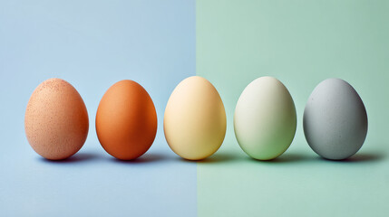 Four Eggs Lined Up Symmetrically on Pastel Backgrounds