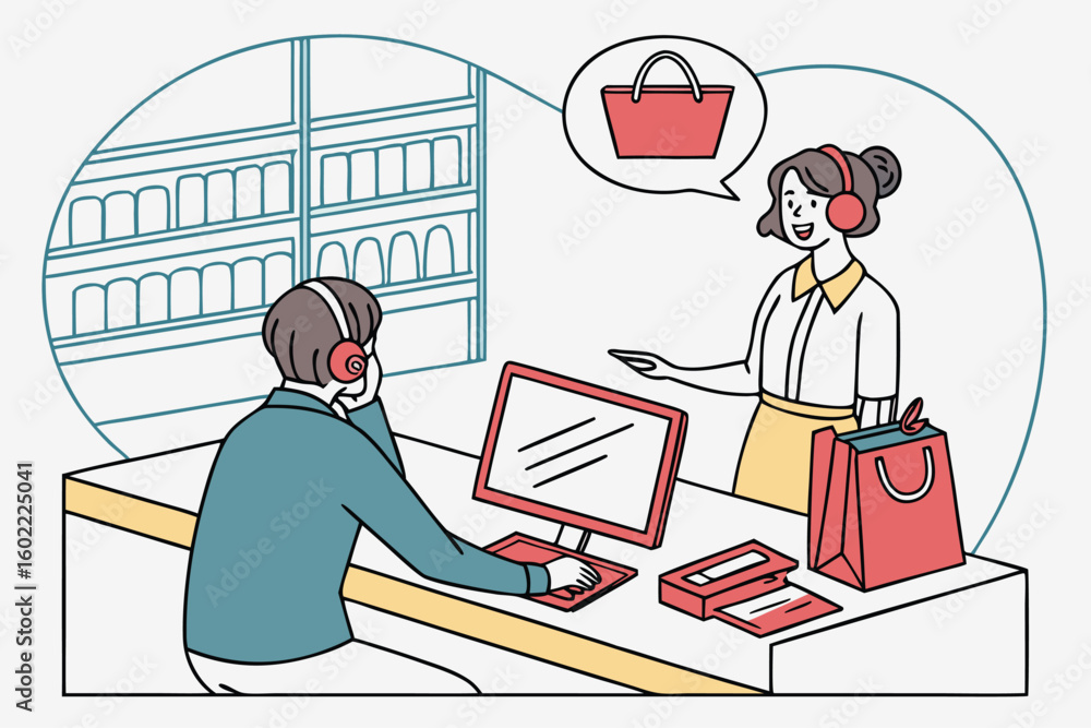 Poster customer service interaction at a retail store with a staff member assisting a customer via computer