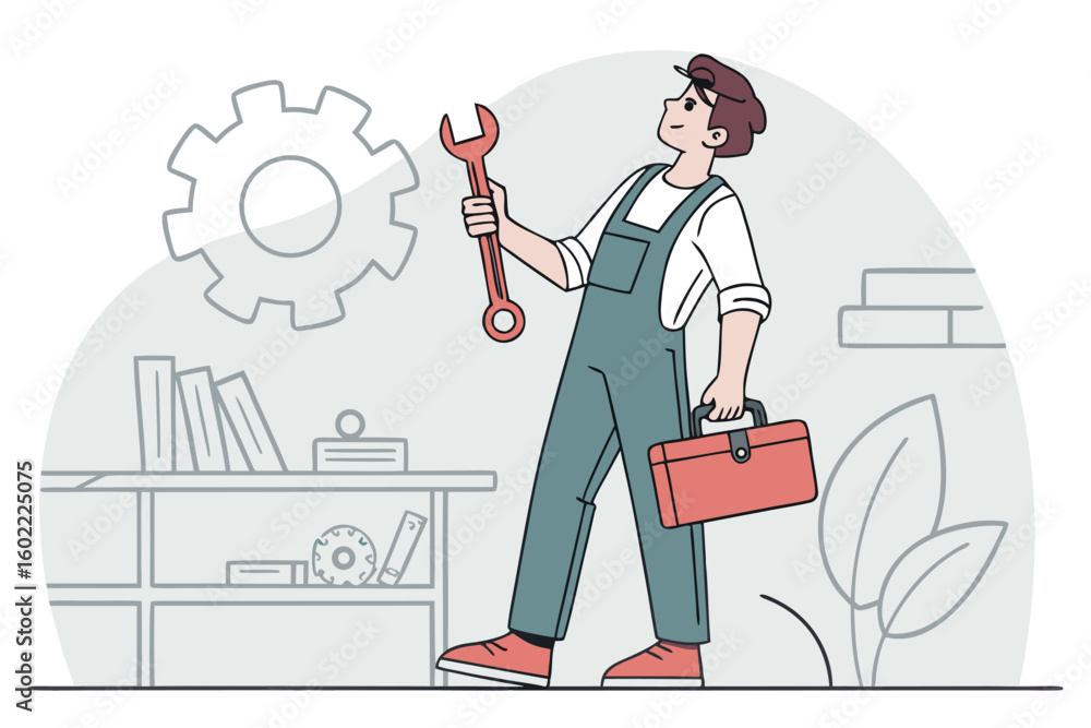 Poster craftsman holding a wrench in a workspace with tools and gears while wearing overalls, showcasing hi