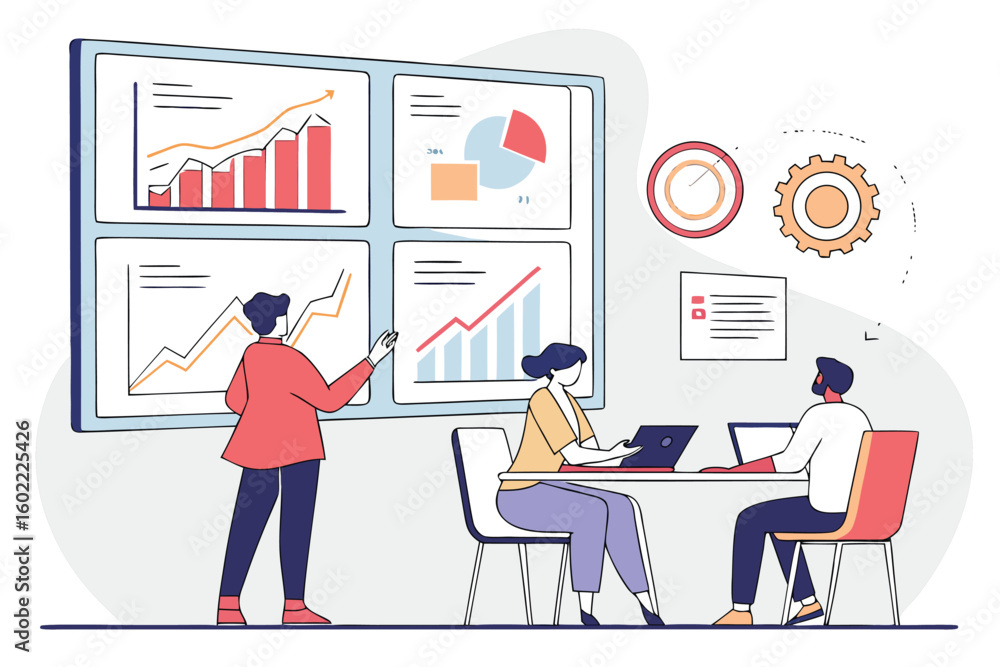 Poster team collaborates on data analysis with graphs, charts, and metrics displayed on large screens in a 