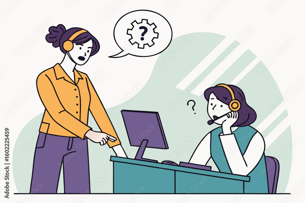 Poster customer seeking assistance from service representative at desk while displaying confusion about an 