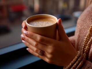 Enjoying a warm cup of coffee in a cozy urban setting indoor lifestyle relaxation close-up view