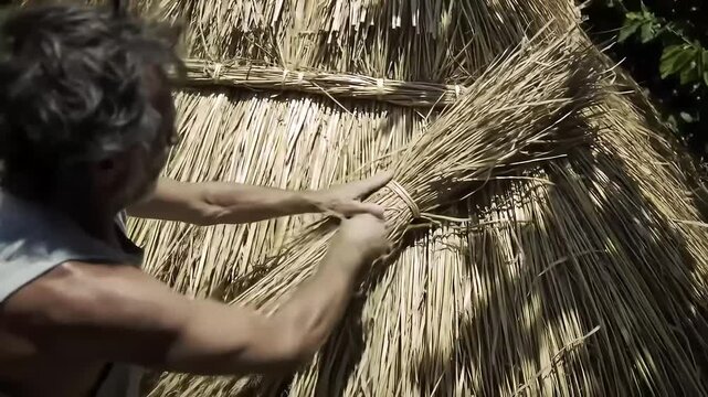 Craftsmanship shines through as traditional thatching is crafted by hand in a rural setting.
