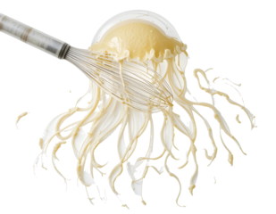 Surreal abstract image of a kitchen whisk mid-transformation into a glowing jellyfish, with soft batter trails flowing like tentacles beneath, isolated on white background PNG