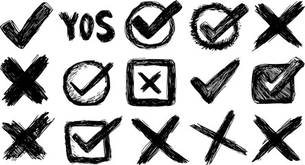 Check marks doodle set. Vote, yes, no, checkbox, checklist, tick and cross signs, v and x drawn concept. Hand drawn doodle sketch style vector illustration
