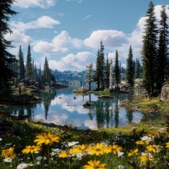 Serene mountain lake scene with tranquil waters reflecting a partly cloudy sky, surrounded by evergreen trees and a foreground of vibrant wildflowers