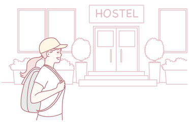 A cheerful traveler joyfully arrives at a cozy and welcoming hostel with a backpack, eagerly ready for an adventure