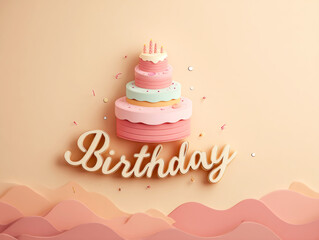 Stylish 3D Birthday Banner with Colorful Cake and Festive Atmosphere