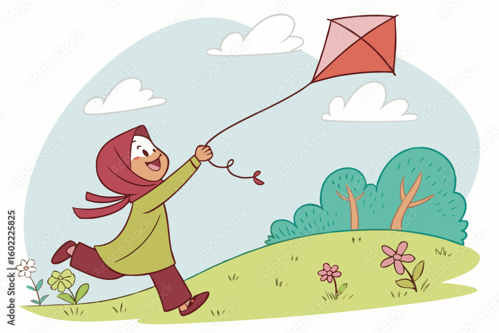 Poster child flying a kite in a colorful landscape during a sunny day with clouds and trees in the backgrou