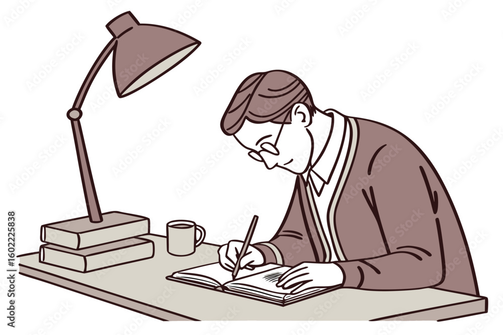Poster student engaged in writing at a desk with lamp and books while enjoying a warm beverage during eveni