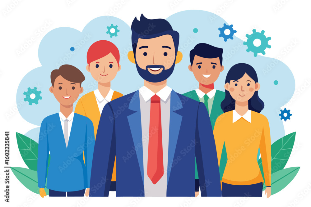 Poster professional team poses together in an office setting with cheerful expressions, showcasing collabor