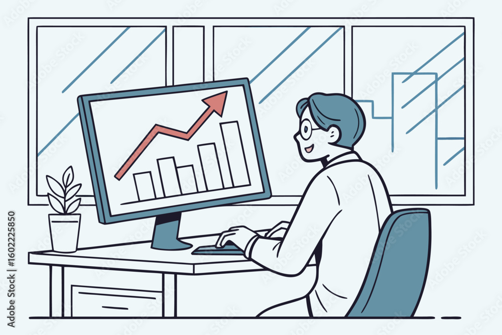 Poster person analyzing data at a desk in an office while observing increasing trend on a computer screen w