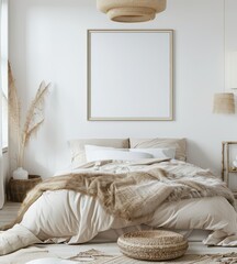 A cozy bedroom with a large square frame above the bed. a wicker ottoman. and a fluffy throw blanket on the bed