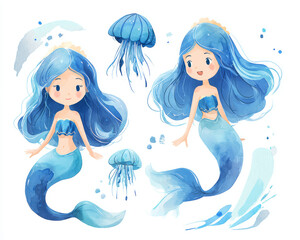 Cute Illustration of a Blue Mermaid and Jellyfish in Watercolor Style