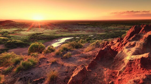 Stunning Desert Landscape with Red Rock Formations at Sunset, Shrubbery, Marafa (Hell's kitchen) depression during sunset