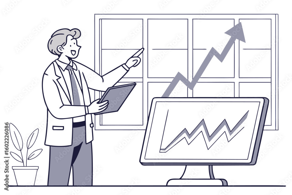 Poster business professional presenting growth data and trends in an office setting with a large monitor di