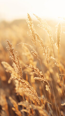 Fototapeta premium Golden Hour Grass: Warm, Serene, Autumnal Field, Backlit Meadow Plants, Natural Texture