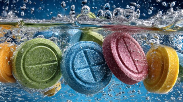 Colorful Effervescent Tablets Dispersing in Water with Bubbles