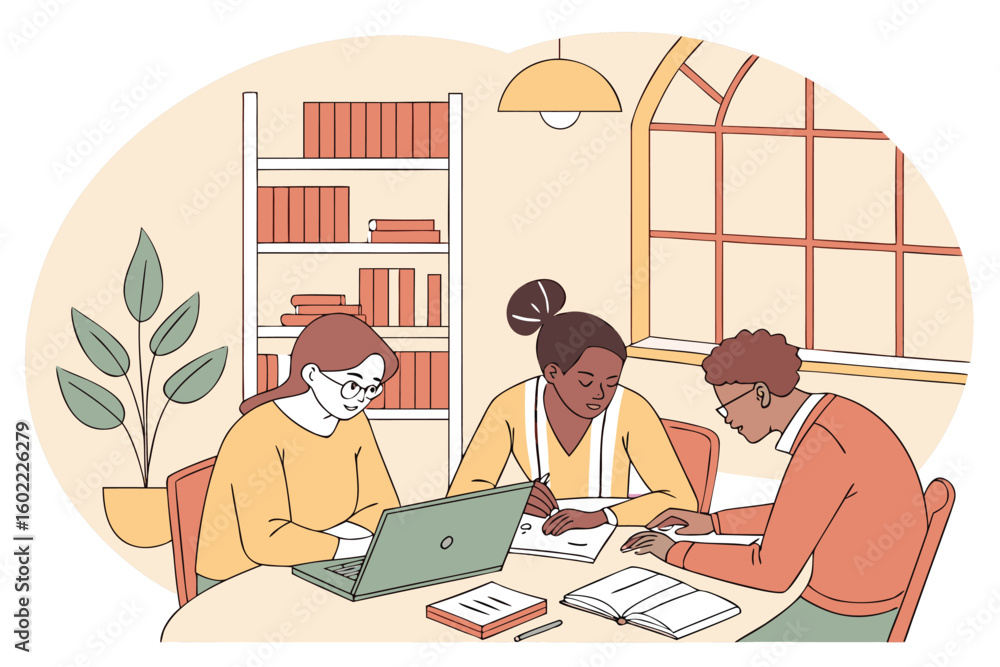 Poster study group engages in collaborative learning at a cozy library during afternoon hours