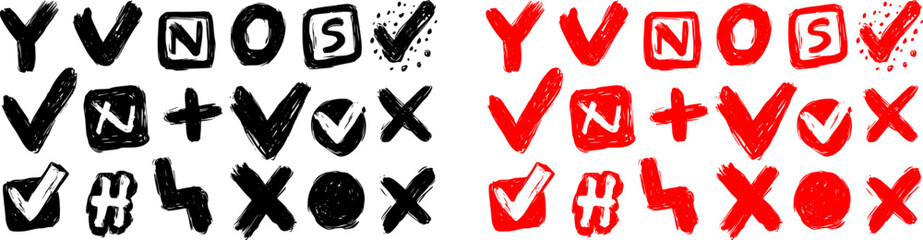 Check marks doodle set. Vote, yes, no, checkbox, checklist, tick and cross signs, v and x drawn concept. Hand drawn doodle sketch style vector illustration
