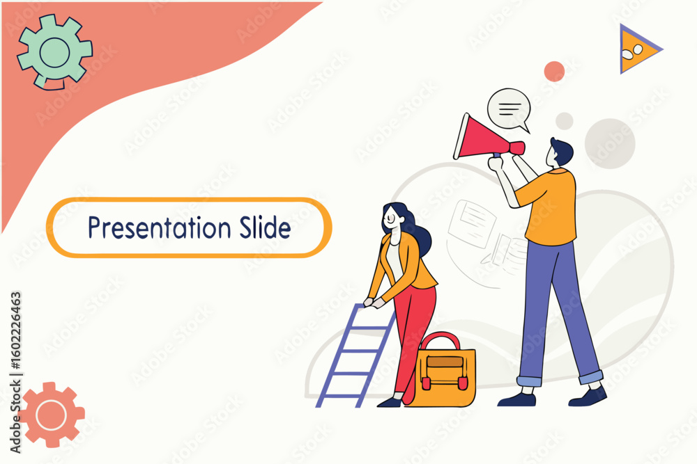 Aufkleber creative presentation slide featuring a woman on a ladder and a man using a megaphone in a modern de