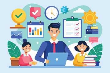 Colorful illustration depicting a professional working on a laptop while two colleagues engage in friendly discussion in a creative office environment