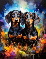 An expressive and colorful watercolor illustration featuring a pair of dachshund dogs sitting side-by-side among wildflowers with a lively, abstract background.