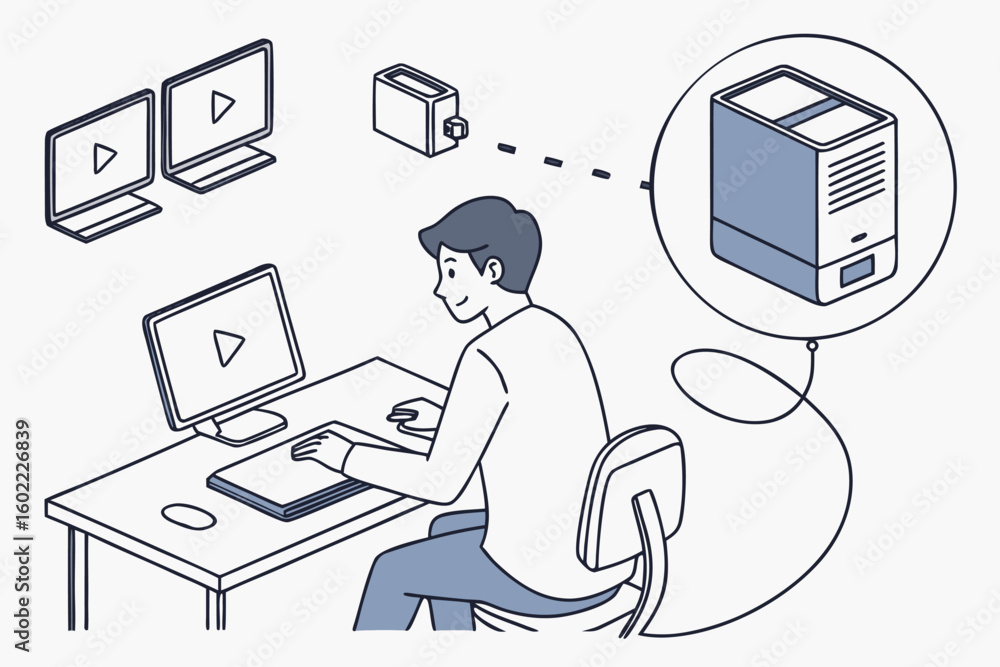 Poster person working at a desk with multiple screens and a media server setup for video streaming and cont